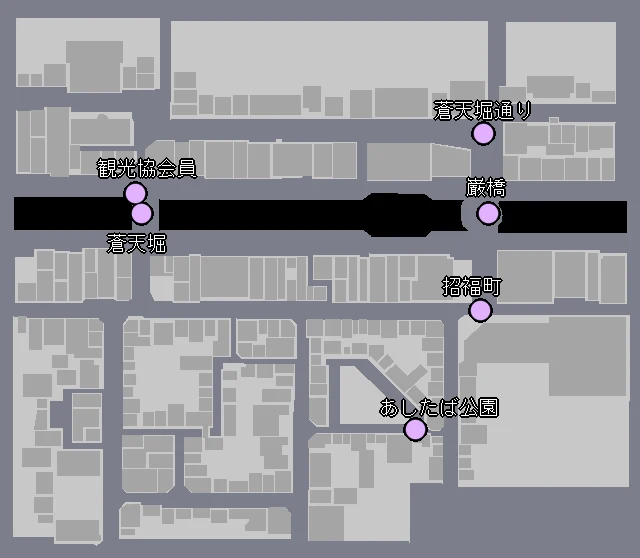 Osaka — Sotenbori (Tourism rep: Bishamon Bridge) location map